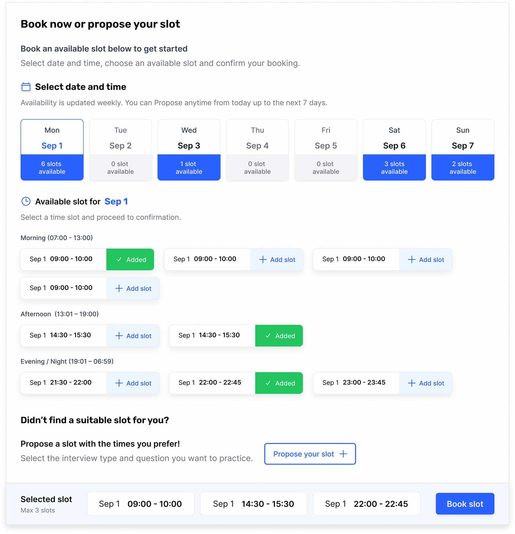 Mock interview scheduling calendar with peer-to-peer booking